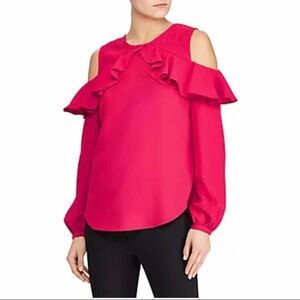 NWT Lauren Ralph Lauren Pink Cold Shoulder Blouse Crepe Ruffles Small